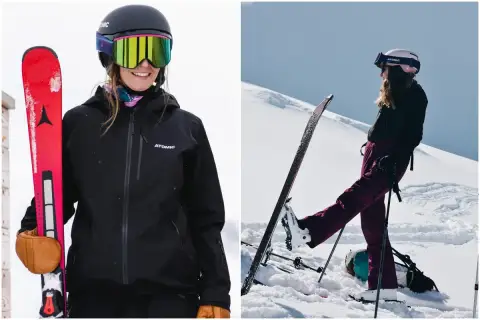 Kobieta w czarnej kurtce i goglach pokazuje, jak ubrac sie na narty. Obok niej narty i kijki.